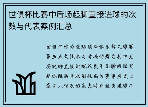 世俱杯比赛中后场起脚直接进球的次数与代表案例汇总