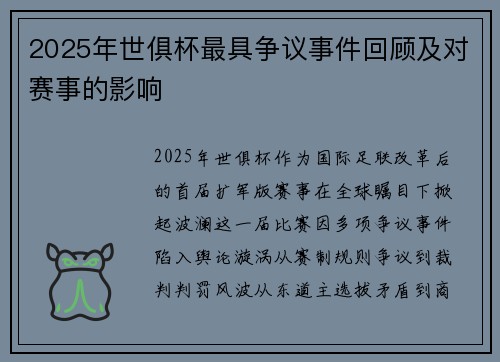 2025年世俱杯最具争议事件回顾及对赛事的影响